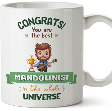 Mugffins Tassen/Becher mit Spruch für MANDOLINIST Mann - Auf Englisch - Best in Universe Trophy - 11 oz / 330 ml - originelles und lustiges Geschenk Mitarbeiter