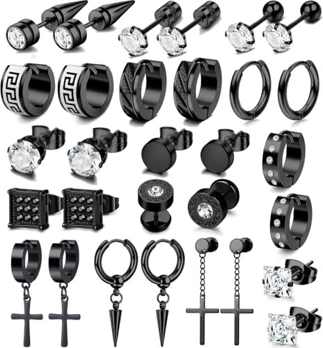 JeweBella 15 Paires Boucles d'Oreilles Homme Acier Inoxydable Noir Argent Boucles d'Oreilles Créoles Boucles d'Oreilles Pendantes Croix Cartilage Boucles d'Oreilles Piercing Oreille Homme Femme