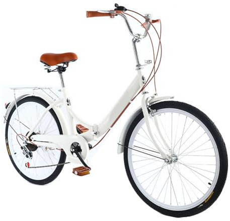 VHVYWY 24 Zoll Damen Cityrad, Fahrrad Stadtrad Klapprad Erwachsene Jugendliche für Faltrad, 7 Gang Schaltung Klappfahrrad für Sport Outdoor Radfahren Pendeln Camping White