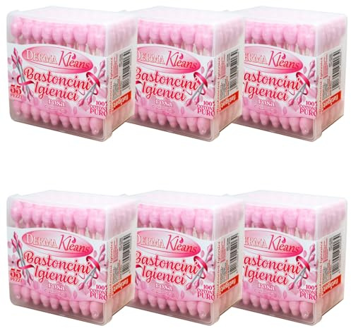 Bastoncini Igienici Rosa Derma Kleans, per pulizia orecchie, 55 Pezzi, Confezione da 6, 100% Cotone Puro - Amami BEAUTY