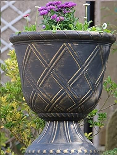 SG Traders Urn Plant Pot Stand, Outdoor Garden Planters, Flower Pots Indoor, Tall Planter with Drainage Holes Strong Plastic Black with White Plant pots Outdoor Large Planters Urns D-35 x H-40 CM