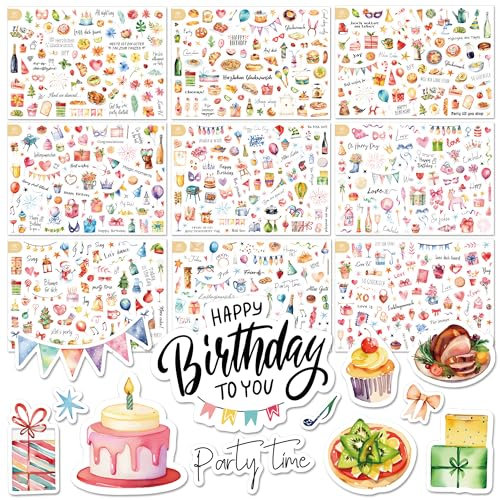 BIROYAL 12 Blätter Sticker Geburtstag Set - über 500 Aufkleber für Gästebuch Geburtstag, Fotoalbum, Geburtstagskarten & Geschenke - Geburtstag Deko voller Liebe für Kinder Erwachsene (17 x 24 cm)