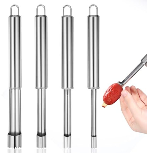 JIYIN 4 Edelstahl Entkerner set, Ø 0.9/1/1.4/2cm Entkerner Apfelentkerner Ausstecher Kernausstecher mit Aufhängeöse Corer Kernausstecher Kerngehäuse Tool Für äpfel Birnen Weißdorn Rotes Datum Kirsche
