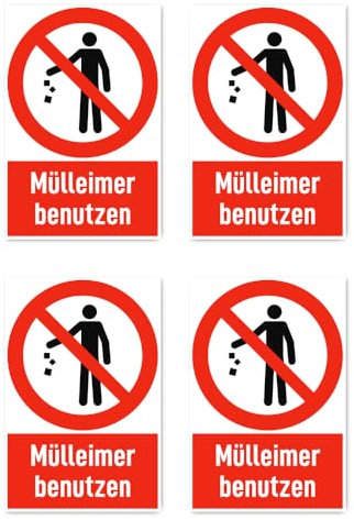 Aufkleber: 112.5x75 mm, 4 Stück - Mülleimer benutzen - Verbotszeichen mit Text (deutsch) (rot/weiß) - hochkant - DIN EN ISO 7010 / ASR A1.14