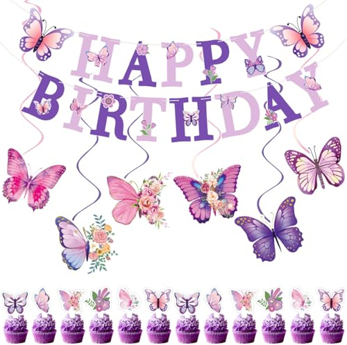 Schmetterling Deko Geburtstag, Schmetterling Hängende Wirbel, Happy Birthday Girlande, CakeToppers, Schmetterling Deko für Hochzeitsfeiern, Sommer Party