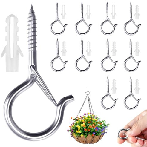 10 Stück Schraubhaken Edelstahl, Hakenschrauben, Schraubhaken mit Sicherung, Deckenhaken Schwerlast, Haken zum Schrauben - zum Aufhängen von Hängematten, Pflanzenkörben & KatzennetzenKatzennetzen