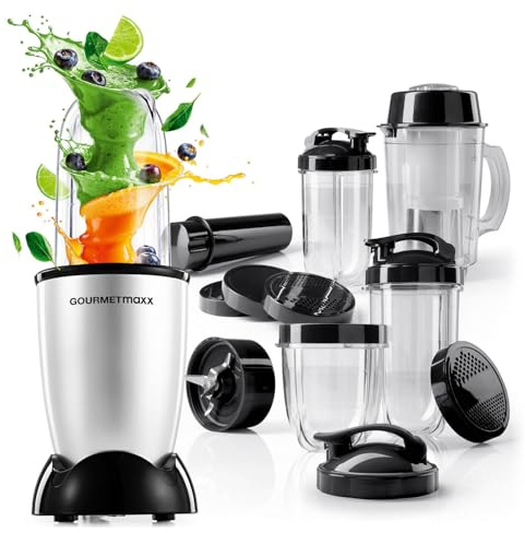GOURMETmaxx Mr. Magic Power Pro Mixer 400 Watt | Smoothie Maker mit to go Deckel | Standmixer mit Mixbecher & Frischhaltedeckel zum Aufbewahren | Blender mit Zubehörset XL für Shakes, Smoothies etc.