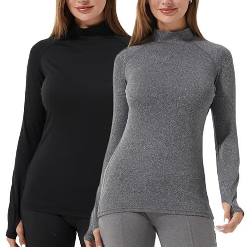 YUSHOW 2-pack termoundertröja dam långärmad vinter termotröja med, Svartgrå, L