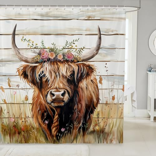 Homewish Floral Highland Kuh Duschvorhang 180x180 für Kinder Jugendliche,Rustikales Landtier Badvorhang Longhorn Bull Badezimmerzubehör Farm Wildtier Rind Badezimmer Duschvorhang