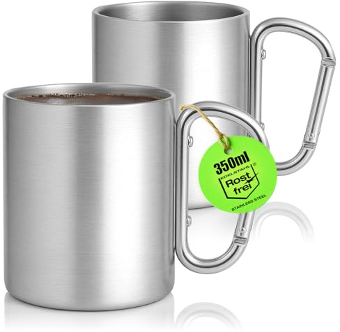 com-four® 2x Edelstahl Thermobecher mit Karabinergriff | 350 ml doppelwandige Isolierbecher - robuste Kaffeetassen für Camping - Wandern - Outdoor & Reisen