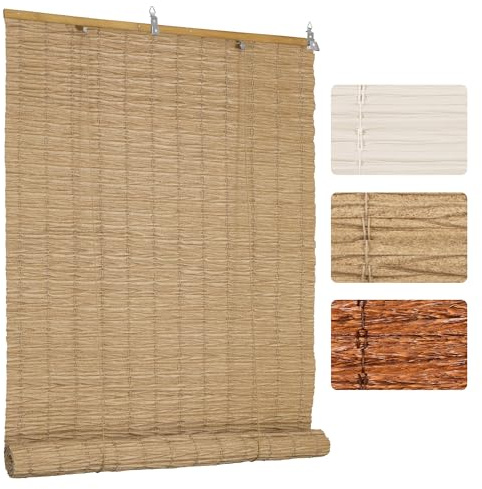 Grandekor PE Outdoor Rollo Wetterfest Bambus Look für Fenster Tür,B120 x H160 cm Hellbraun,Imitation Bambusrollo Sonnenschutz, Blickdicht UV-Schutz für Innen-& Aussenbereich, Einfache Montage