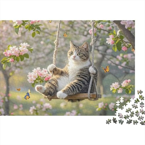 Puzzle Gatto sull’Altalena in Primavera, Gatto sull’Albero, Materiale ecologico, Relax, Dettagliato, Colorato, Regalo per donne e uomini, 52x38cm/1000 pezzi