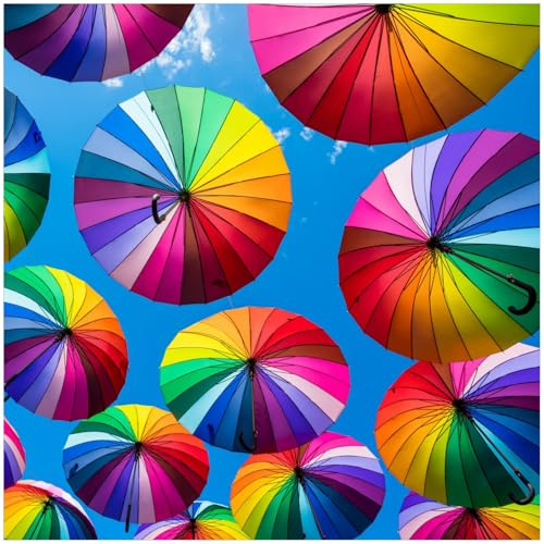 Wallario Möbelfolie selbstklebend/Aufkleber, Tischfolie geeignet für IKEA Lack Tisch - Möbeldeko Bunte Regenschirme vor blauem Himmel in 55 x 55 cm