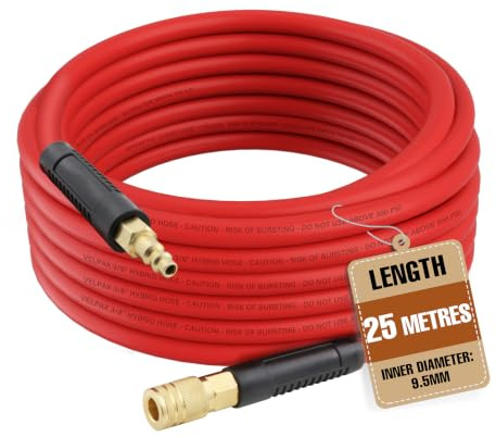 GUIVACI Druckluftschlauch 25m – 9.5/15mm, Schnellkupplung & Stecknippel, 20 Bar, knickfest, für Kompressor und Werkstatt, rot