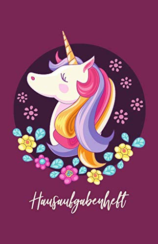 Hausaufgabenheft: mit buntem Einhorn auf lila/beere Hintergrund, ca. A5, für 1 komplettes Schuljahr