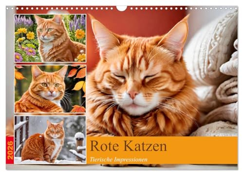 Rote Katzen (Wandkalender 2026 DIN A3 quer), CALVENDO Monatskalender: 12 abwechslungsreiche Fotos von rot getigerten Katzen. (CALVENDO Tiere)