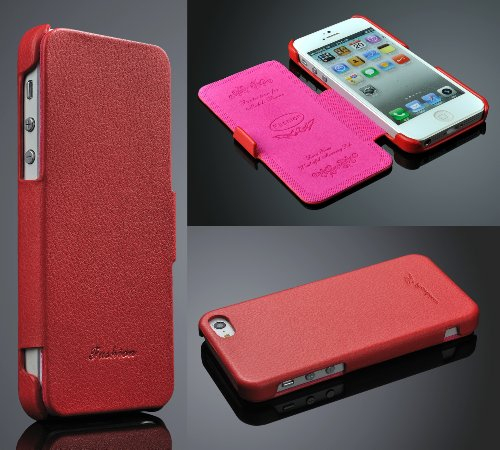 Hülle für iPhone SE / 5 / 5s Hülle, ECHT Leder - HANDGEFERTIGT*** - Zubehör Case Etui iPhone Flip Case Schutzhülle - Farben SCHWARZ, BRAUN, Weiss, ROT, PINK - (rot)