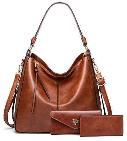 BestoU Handtasche Damen Schwarz Gross Leder Groß Tasche Umhängetasche Schultertasche Shopper Henkeltasche Damen Set Inklusive Geldbörse und Kartenpaket (Braun)