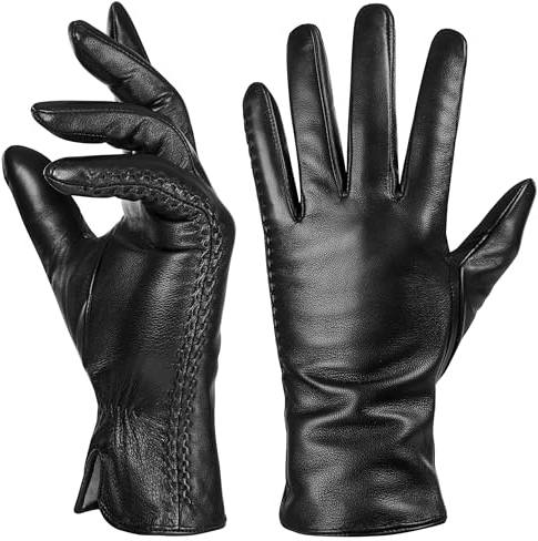 Echtes Schaffell Leder Handschuhe für Damen, Winter Warm Kaschmir Futter Touchscreen Texting Fahren Motorrad Kleid Handschuhe,Schwarz,S