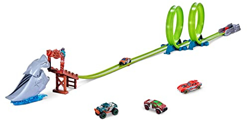 Metal Machines Shark Attack Building Trackset mit Mini-Rennwagen, Diecast Spielset