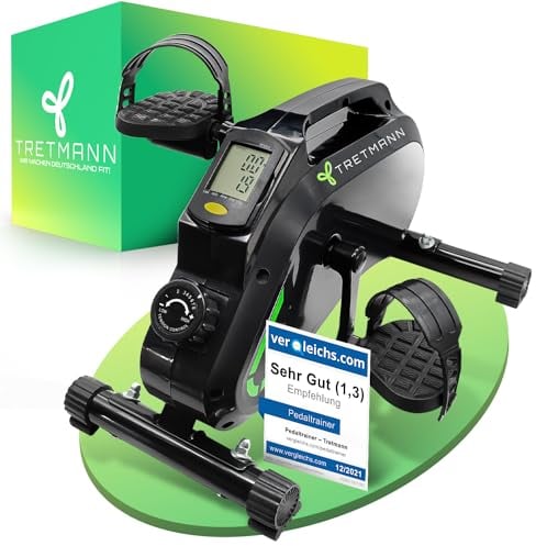 Tretmann Pedaltrainer Pro Set [Das Orginal] extra Leise & gelenkschonend + Anti-Rutsch-Matte & Befestigungsband -DEKRA Geprüft- Beintrainer für Senioren Heimtrainer senioren Mini Bike tischfahrrad