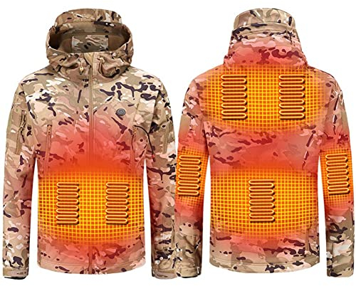scosao Beheizbare Jacke Herren Winterjacke USB Elektrische Heizjacke Wasserdicht Winddicht Warme Heizung Jacke mit Kapuze 3 Temperatur für Outdoor Jagd Wandern Motorrad Skifahren,Camo,M