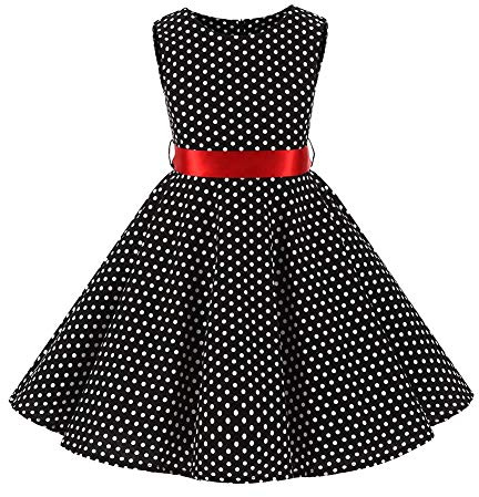 IWEMEK Robe Cérémonie Vintage Fille Enfant Rockabilly Année 50/60 Retro à Pois Polka Dot Imprimé Floral Pin Up de Soirée Fête Cocktail Noël Mariage A-Ligne Midi Noir 11-12 Ans