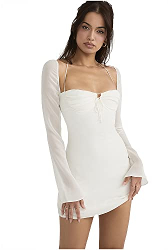 XLLAIS Women Long Puff Sleeve Mini Bodycon Mesh Dress Split Hem Clubwear (White1, Small)