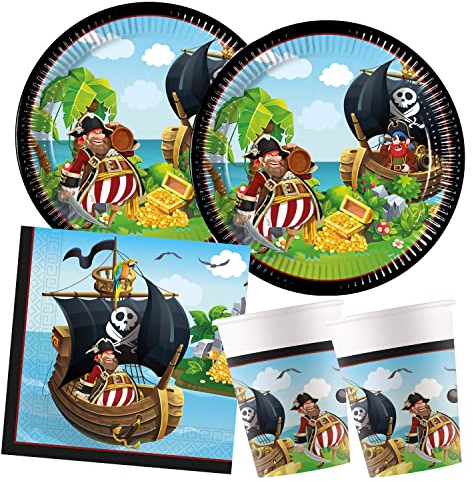 Procos - Partyset S Pirateninsel, 52-teiliges Set, 16 Teller, 16 Becher, 20 Servietten, Einweggeschirr, Partygeschirr, Tischdekoration