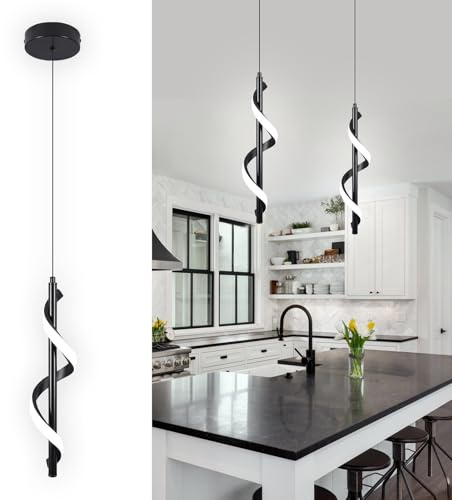 13W Modern Spiral Led Pendant Light Fixture, Cold White 5500K Minimalist Integrated LED Hanging Lamp, Adjustable Hanging Island Light Fixture For Bedroom Living room Kitchen Sink, 1 Pack (Black)