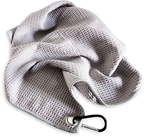 Golfball-Uhu Golf Handtuch Mikrofaser Waffel Design 60x40cm Herren Damen Golf Towel Golfhandtücher mit Clip (Karabinerhaken) leicht & schnelltrocknend (Grau)