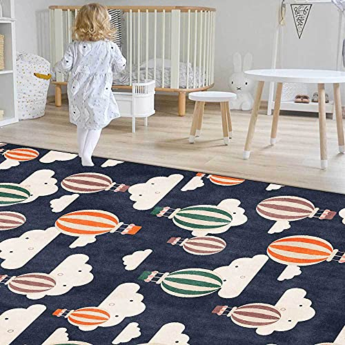 Tappeti Design rutschfest Kinderteppich Cartoon Heißluftballon Dunkelblau,|Waschbar und ungiftig mit|-60x90cm