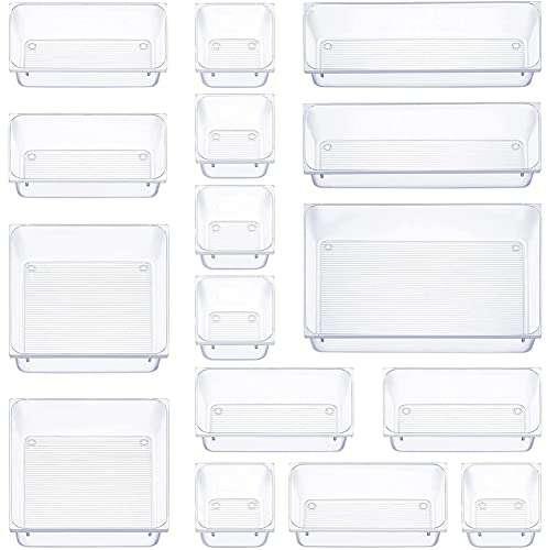Organizador de cajones de plástico transparente de 16 piezas, para escritorio, cajoneras, cajoneras, cajas de almacenamiento para maquillaje, joyas y gadgets, dormitorio, oficina, baño, cocina