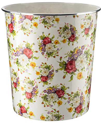 Homeshopa Plastic Waste Paper Basket Bin, Floral Retro Round Trash Can, Lightweight Recycling Rubbish Bin for Kitchen, Bedroom, Bathroom, Open-Top Garbage Dustbin, 7.7 Litre (White Floral 1)
