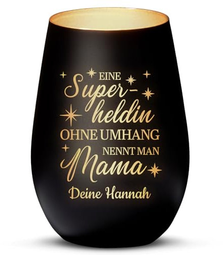 Love Faith Superheldin Windlicht Schwarz/Gold- Personalisiertes Windlicht für Teelichter mit Namen-Gravur - Geschenk zum Muttertag