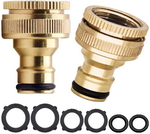 YUEHNEOM 2 Pack Brass Garden Outdoor Hose Tap Connector 1/2 Inch to 3/4 Inch 2-in-1 Female Threaded Quick Tap Connector for Hosepipe Fittings, Water Threaded Faucet Adapter