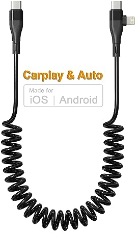 Cavo di ricarica a spirale per iPhone Android, certificato MFi Cavo Apple Carplay e Android Auto,PD 27W/60W Cavo Corto da USB-C a Lightning e USB-C con trasmissione dati per iPhone15 14/Android/Laptop