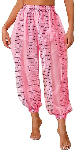 CHICTRY Bauchtanz Haremshose Damen Chiffon Tribal Arabische Hose Pailletten Glänzend Lose Bauchtanz Kostüm Pumphose Für Yoga Pilates Party Rosa A Einheitsgröße