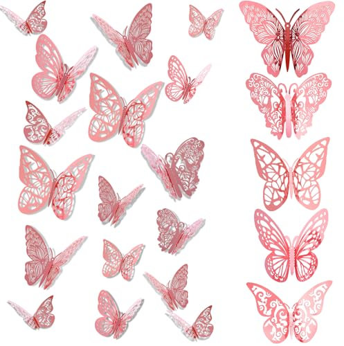 FIHODONE 60 Pièces 3D Papillon Decoration Or Rose,Decoration Chambre Papillon Stickers Les cinq styles,Deco Chambre Bebe Fille Autocollant Mural Trois Tailles,Stikers Murals Pour Mariage