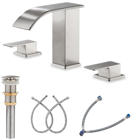 AVSIILE Robinet de salle de bain cascade à 3 trous, en nickel brossé de 20,3 cm, robinets et pièces de salle de bain généralisés, robinet moderne 3 pièces pour lavabo de salle de bain, bec incurvé