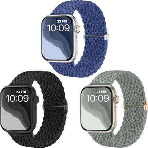 CeMiKa Correas Trenzada para Correa Apple Watch 41mm 42mm 40mm 38mm, Pulsera de tela deportiva elástica solo loop de nylon para iWatch Series 10 9 8 7 SE 6 5 4 3 Ultra 2, Mujere Hombre, Paquete 3