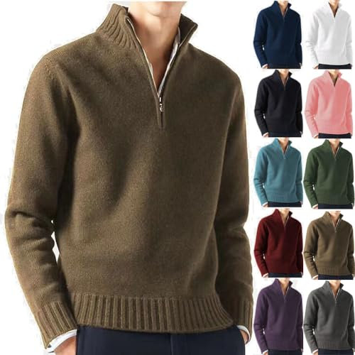 BAWUTZ Colletto alla coreana con cerniera da uomo, maglione lavorato a maglia da uomo, maglione invernale da uomo con zip, maglione da uomo per il tempo libero e vestibilità slim (XL,Braun)