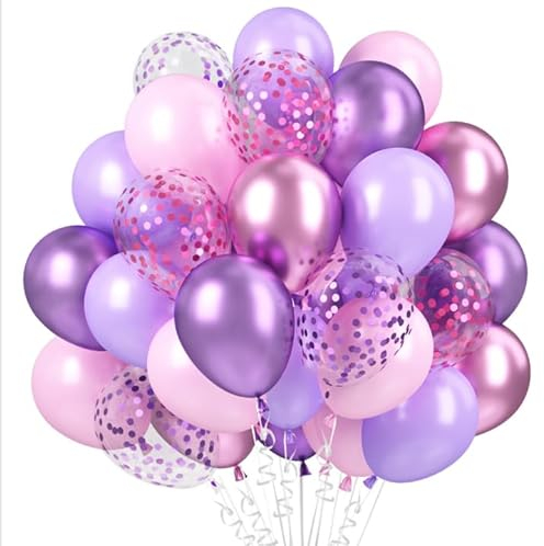 60 Palloncini Rosa Viola, Metallo Rosa Viola Palloncini, Palloncini Coriandoli Viola, Pastello Rosa Palloncini in Lattice per Compleanno Matrimonio Anniversario Battesimo Comunione Laurea Festa