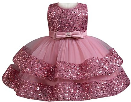 Miipat Bébé Fille Robe Bambin Princesse Tulle Sequins sans Manches Formelle Fleur Fille Robe pour La Fête Anniversaire Mariage Haricots Rose 110 3-4 Ans