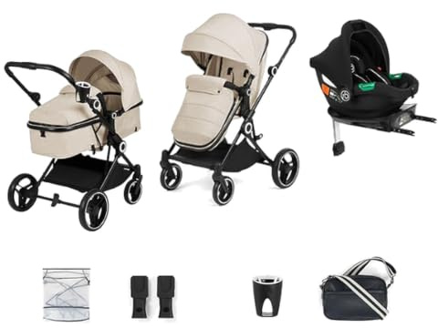 Ickle Bubba Atom All-in-One i-Size Travel System, 3-in-1 Kinderwagen mit Cirrus Autositz & ISOFIX Basis, geeignet von Geburt an bis 22kg, kompakter & leichter Kinderwagen (Stein)