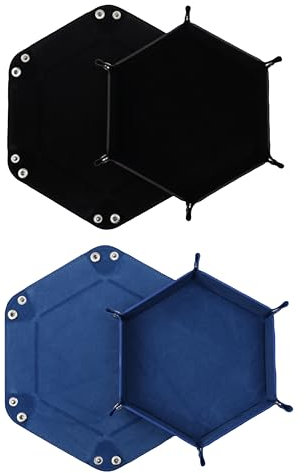 DELALO Pack of 2 Foldable Dice Boards, Double-Sided Dice Board, Velvet Foldable Dice Tray, Hexagon Dice Plate, Leather Dice Boards for RPG DND Dragons Dice Games (Blue - Black)