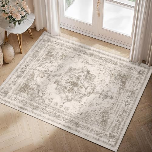 HUGEAR Vintage Beige Door Mat Washable Non Slip Rugs Small Area Rug 60x90cm Doormat Outdoor Bedroom Kitchen Lounge Bedside Office Indoor Carpet Low Pile Carpets