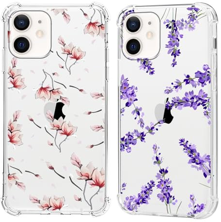 Olgary 2 Stück für iPhone 12 Pro/iPhone 12 6,1 Zoll Hülle mit Rosa Blume Floral Lavendel Aesthetic Muster Durchsichtig Handyhülle Motiv, Transparent Hard PC Stoßfest TPU Bumper Dünn Schutzhülle Case