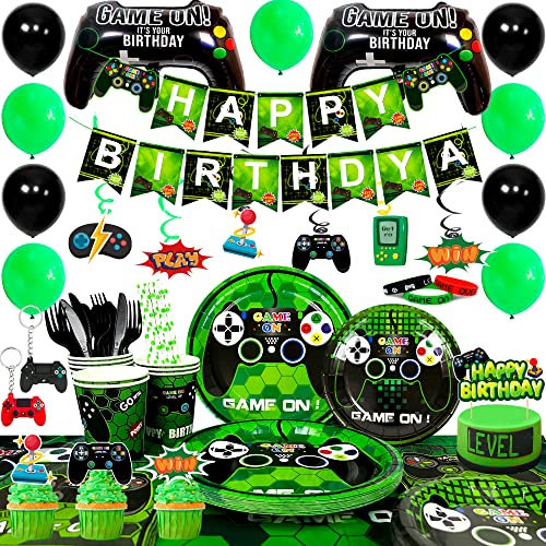 Décoration de Fête de Jeu Vidéo,132 Pcs Jeux Vidéo Fête Décorations Fournitures Inclure Assiettes de Fête de Jeu Vidéo Serviettes Nappe & Ballon Jeu Video Bannière etc Decoration Anniversaire Gamer