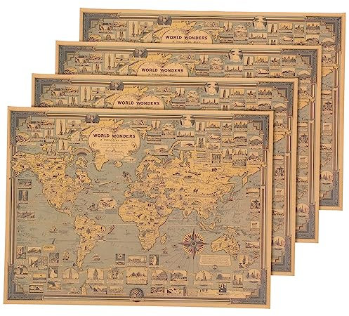 ULDIGI 4stücke Teiliges Vintage Weltwunder Poster Für Kaffeehaus Dekoration Retro Landmark Map Kraftpapier Für Wohnzimmer Schlafzimmer Büro Und Mehr